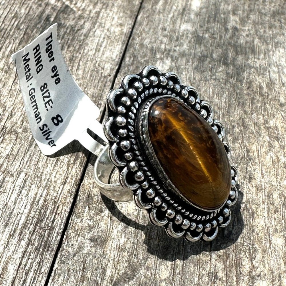 Real Tiger Eye Ring Genuine Gemstone Ornate 1.25 Inch Setting Ring Size 8